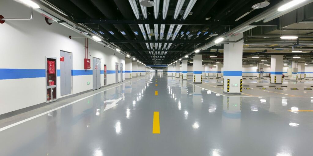 Epoxy Coating Services finish on concrete floor with safety striping